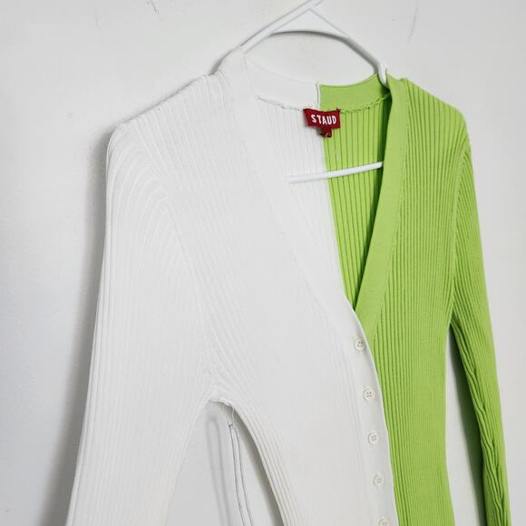 STAUD Shoko Colorblock Sweater Dress M Lime/White Knit Party Cocktail Evening - Picture 3 of 9